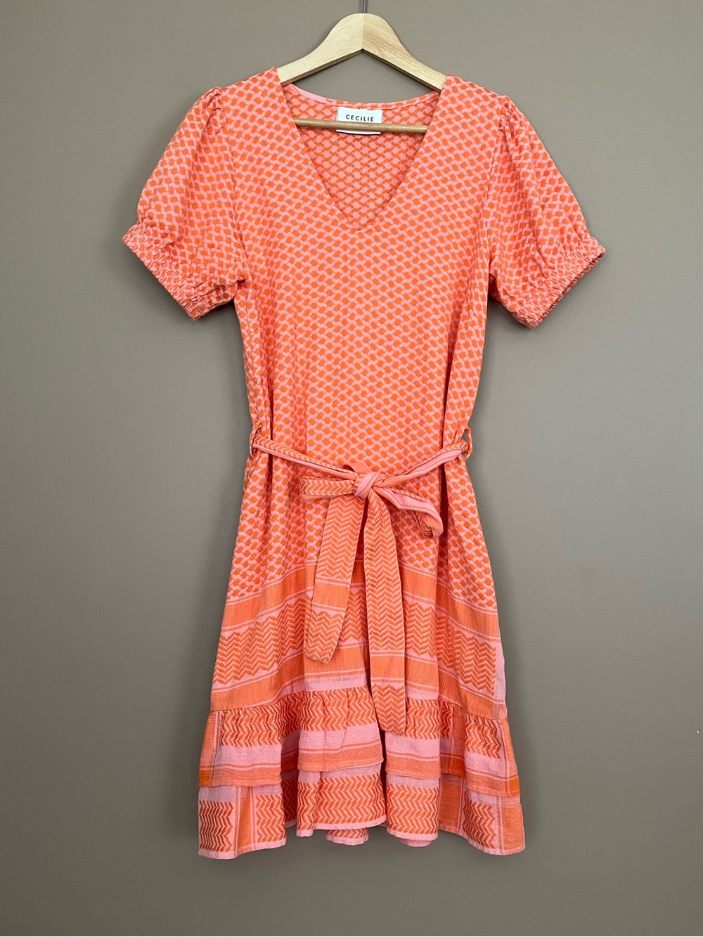 {Cecilie Copenhagen} Livia V Neck Belted Ruffle Mini Dress - Womens Medium